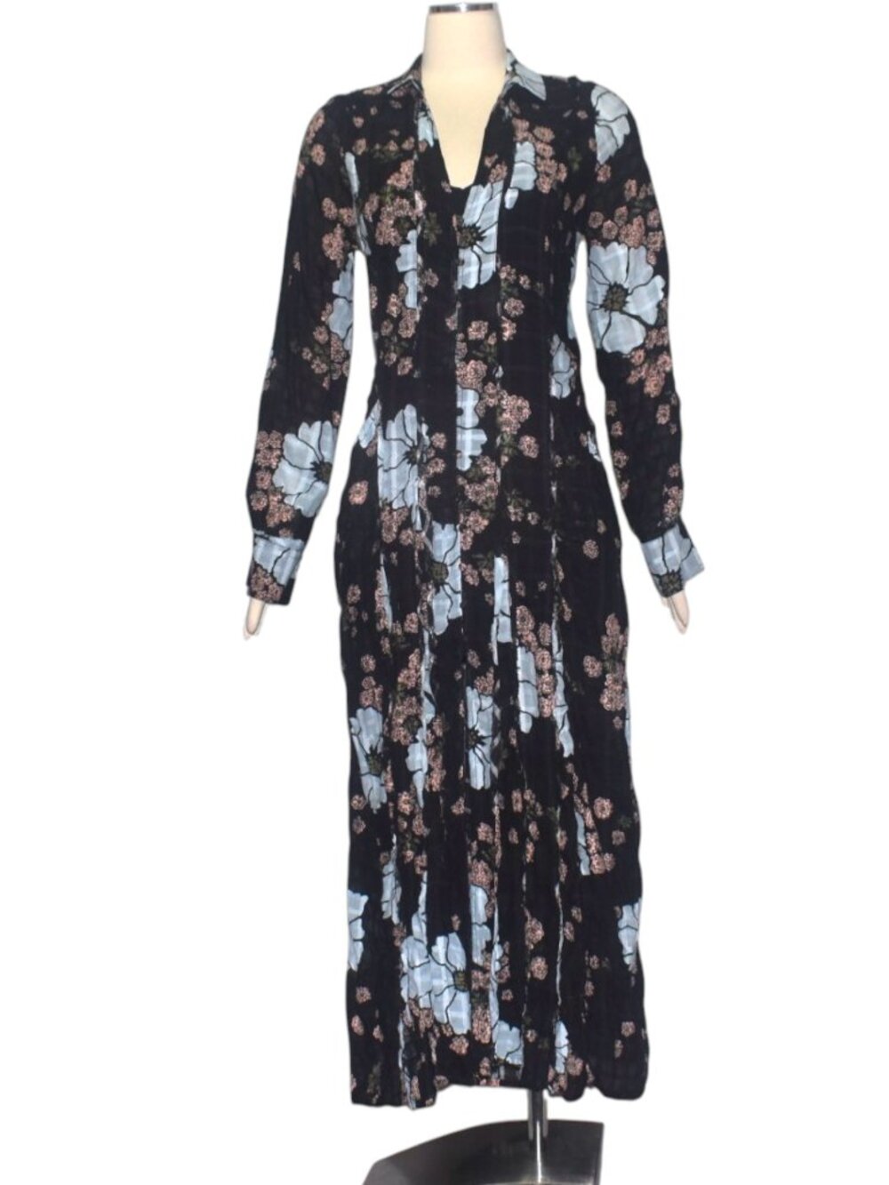 Free People Back At It Floral Maxi Dress Black Blue Pink Floral Boho Buttons S